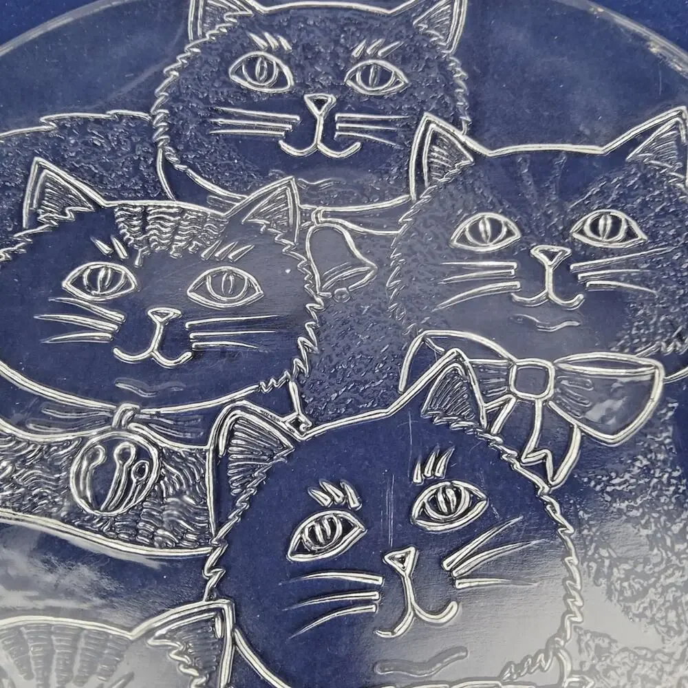 VTG Pilgrim Glass Cat Party Platter Approx 13” Clear Art Glass Serving Tray US
